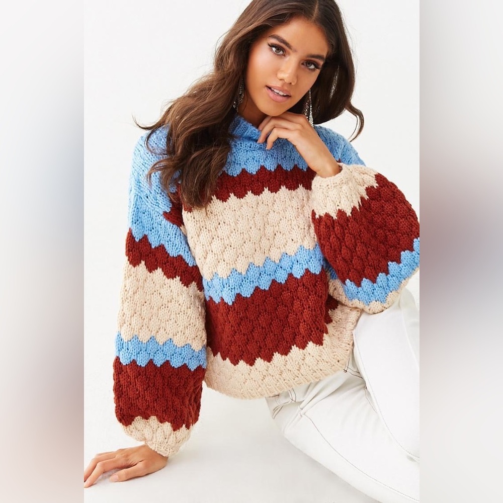 Forever 21 Blue, Cream & Burgundy Colorblock Knit Crewneck Sweater